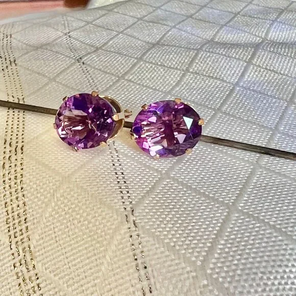 14K Yellow Gold Purple Amethyst Earrings, February Birthstone Earrings